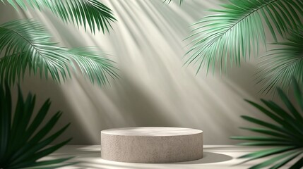 Obraz premium Light-filled display podium with tropical foliage.