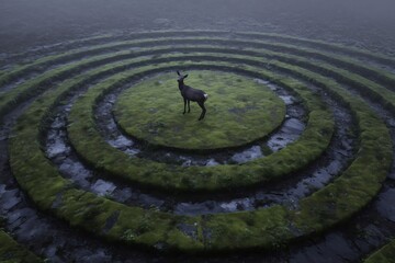Obraz premium Deer Standing in Moss Garden Circles under Foggy Sky