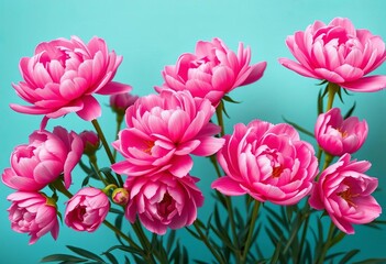 Fototapeta premium Vibrant pink peonies clustered bottom-left, soft turquoise backdrop, peony, floral design