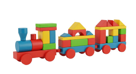 Wooden Toy Train with Colorful Building Blocks cutout isolated on transparent bg, png