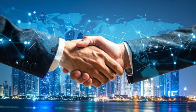 Close-up of a handshake superimposed over a cityscape and a world map, symbolizing global business and partnership.