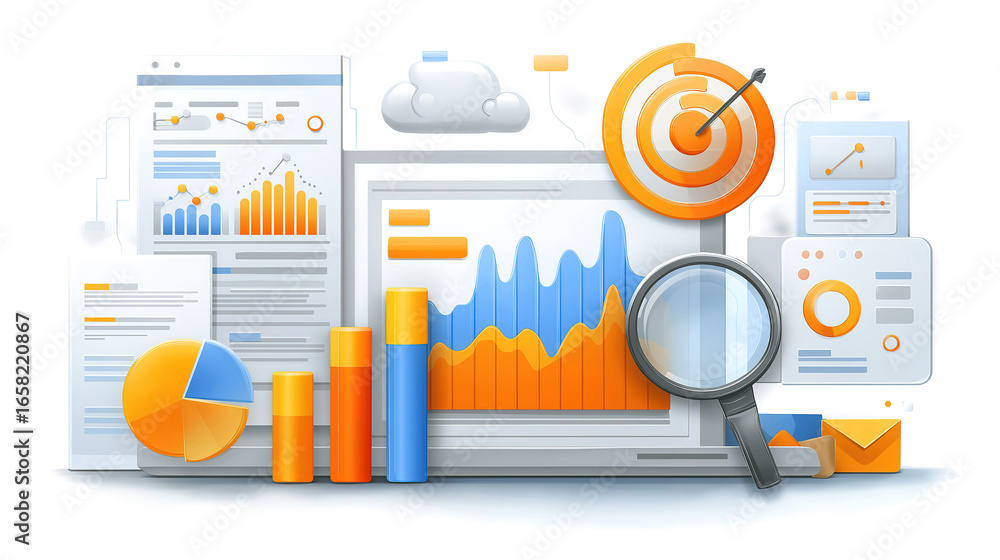 Poster digital marketing and data analysis creating performance insight reports and strategies