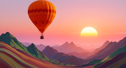 Digital art of a hot air balloon flying over colorful mountains, vibrant landscape, creative illustration, fantasy travel concept, bright and artistic design.