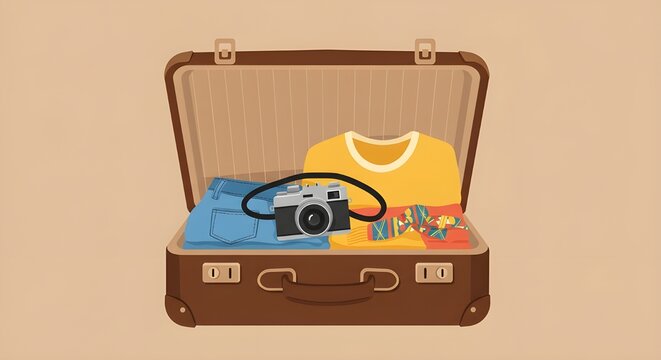 Flat illustration of an open suitcase with clothes and a camera inside, minimalist design, colorful travel concept, modern vector style, vacation preparation theme.