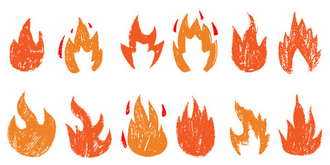 Flame fire crayon chalk doodle sketch vector illustration. Burning punk rock rough grunge elements collection isolated on white background. Stickers, print decoration.