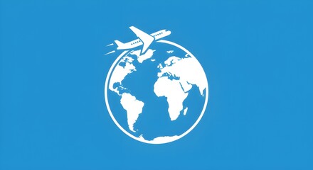 Naklejka premium Minimalist icon of an airplane flying over a globe, clean vector design, modern travel concept, global connection, aviation and tourism symbol, isolated on white background.