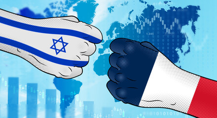 Political conflict between Israel and France &mdash; symbolic fists confrontation.