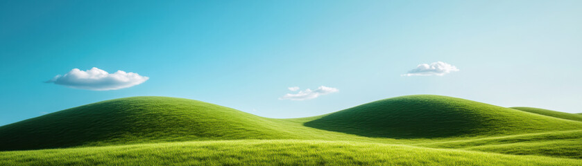 Fototapeta premium Green hill landscape under clear blue sky with fluffy white clouds creating peaceful and refreshing outdoor scene
