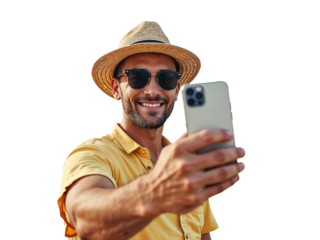 Happy young man enjoying summer vacation taking a selfie isolated on transparent background