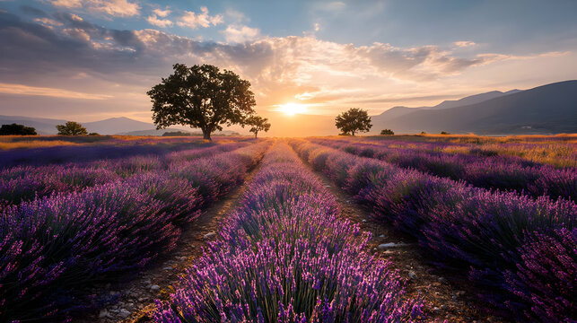 Lavender Field Sunset Landscape Blooming purple lavender field at sunset with mountains and majestic trees creating a serene and picturesque vista summer landscape aromatherapy fragrance - Powered by Adobe