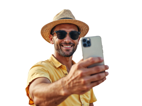 Happy young man enjoying summer vacation taking a selfie isolated on transparent background