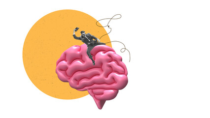 Minimalist pop art collage. Businessman riding giant brain like cowboy symbol of control. Concept...
