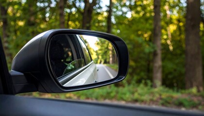 Car Side Mirror Reflecting a Forest Road