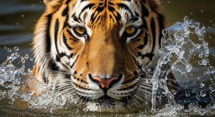 Fototapeta premium Majestic Tiger Emerging from Water with Splashing Droplets