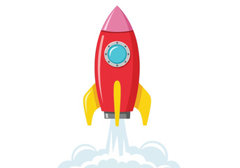 Red rocket launching with smoke and clouds