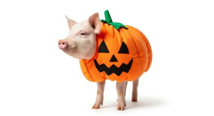 Fototapeta premium pig dressed as a pumpkin jack-o-lantern Halloween costume, celebration
