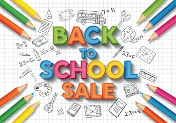 Back to school sale with colorful pencils and educational drawings on a grid paper background