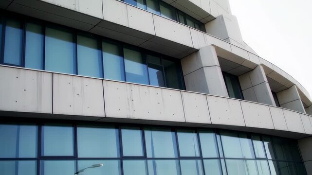 Modern office building exterior, close-up view of light gray concrete panels and large windows