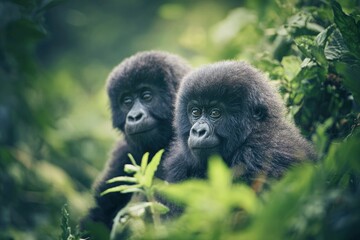 Obraz premium Two young gorillas sit amongst lush green foliage looking directly at the viewer with a soft gaze
