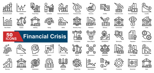 Financial Crisis icon set featuring icons for economic recession, inflation, bankruptcy, monetary policy, and stock market crash. Ideal for financial reports, economic warnings, and global crisis anal