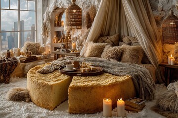 Cozy luxury bedroom with giant cheese cake, candles, and city view, perfect for lifestyle content