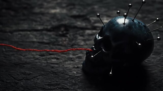 Close-up Dark Voodoo Doll Impaled with Needle, Red Thread Connecting to Pinned Skull on Grungy Surface for Occult Horror Halloween