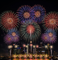 Vibrant Fireworks Over a City Skyline at Night