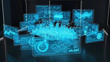 An intricate 3D cityscape with various data visualizations, exuding a futuristic, technological vibe. The digital interface showcases dynamic information - Powered by Adobe