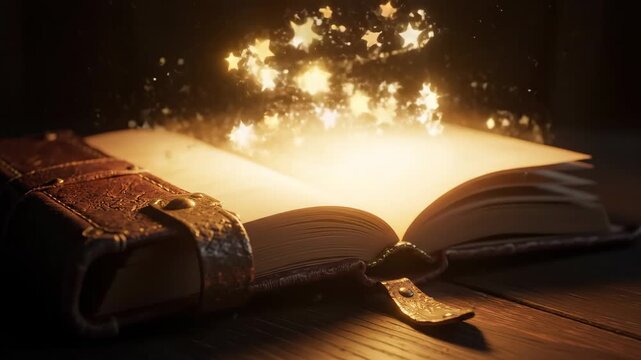 Magical Book with Glowing Stars - An open antique book rests on a wooden surface, emitting a magical golden light and sparkling stars. The scene evokes fantasy, wonder, and the power of storytelling.