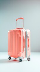 Stylish, coral-toned suitcase with wheels.