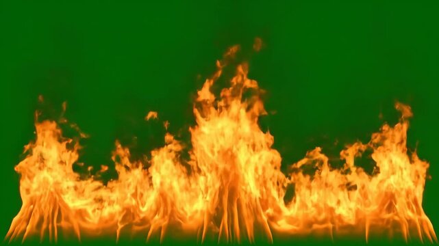 Fiery Orange Flames on Green Screen - Vibrant orange and red flames engulf a green screen background. This dynamic fire animation is ideal for compositing into various video projects.