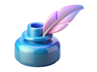Glossy blue inkwell with pink feather pen stylish artistic writing quill tool elegant design 3d illustration isolated on transparent background