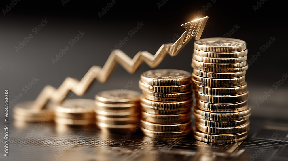 Poster banking system concept with coins stack and up arrow showing inflation deflation and savings
