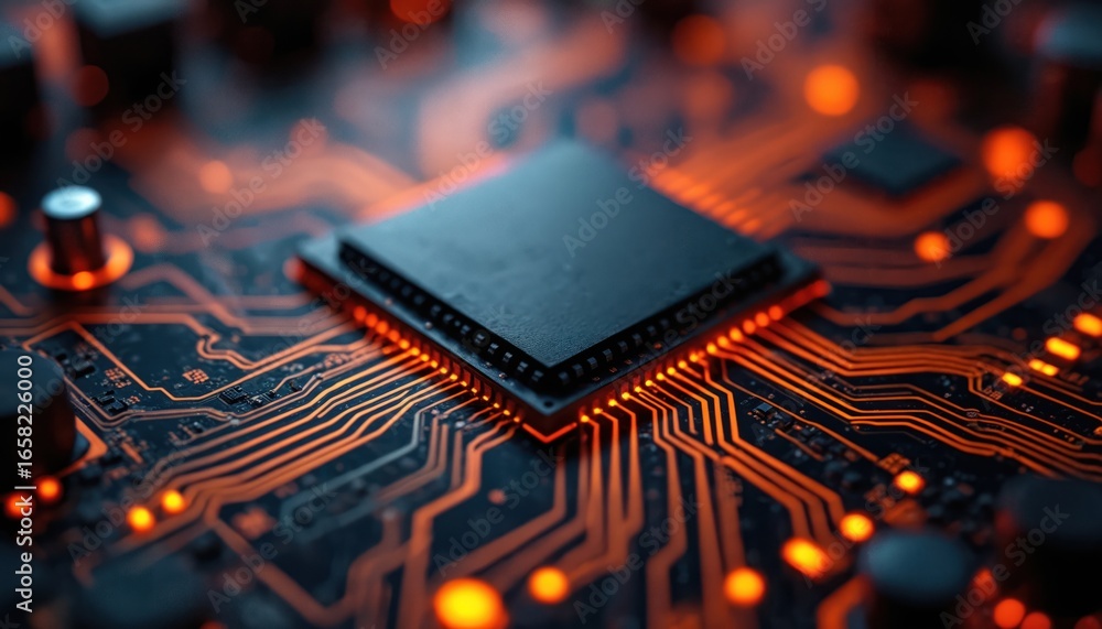 Poster close-up macro shot of black cpu chip on vibrant orange circuitry. intricate detail of modern techno