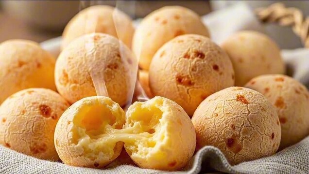 A close-up shot of a pile of delicious cheese breads, with a focus on the textures and details. P&atilde;o de queijo Mineiro