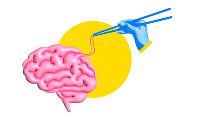 Graphic composition. Blue hand with chopsticks picking pink brain like noodles surreal abstract...
