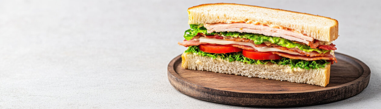 Close up of classic club sandwich layered with turkey, bacon, lettuce, tomato, and mayonnaise on white bread served on wooden plate