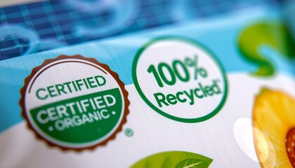 A close-up shot of a product packaging label featuring a Certified Organic and 100% Recycled seal. It represents a commitment to sustainability and environmentally-friendly practices