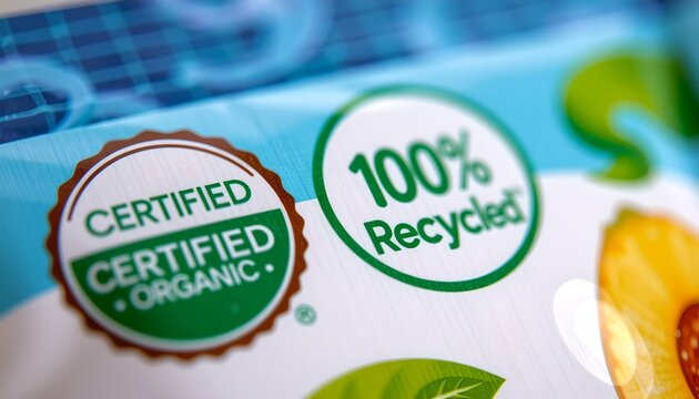 A close-up shot of a product packaging label featuring a Certified Organic and 100% Recycled seal. It represents a commitment to sustainability and environmentally-friendly practices