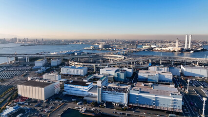 factory, warehouse, industry, logistics, transportation, traffic, drone, aerial view, road, city, automobile, mobility, urban, highway, society, junction, bird eye view, perspective, panorama, high-an