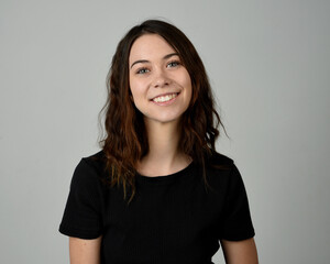 Fototapeta premium Brunette Woman Head and Shoulders Studio Portrait Isolated on White Background Happy Smiling Playful Expressions