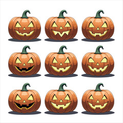 Vector art of nine halloween pumpkins with different facial expressions
