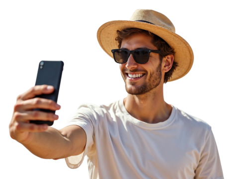 Happy young man enjoying summer vacation taking a selfie isolated on transparent background