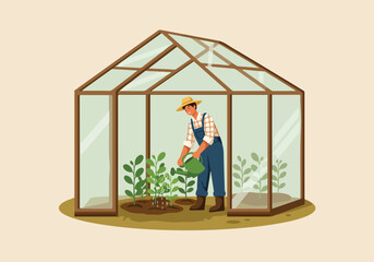 Man waters plants in greenhouse, plant growing background. Growing produce
