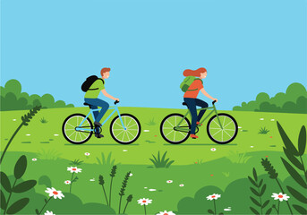 Couple cycling with backpacks in flowery field, hills in background for recreation uses