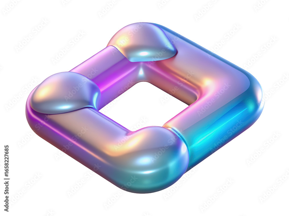 Poster iridescent square chain link chrome metallic glossy abstract shape with smooth edges and holographic