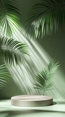 Light-filled display podium with tropical leaves.