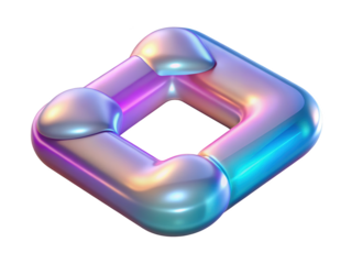 Iridescent square chain link chrome metallic glossy abstract shape with smooth edges and holographic reflections 3d illustration isolated on transparent background