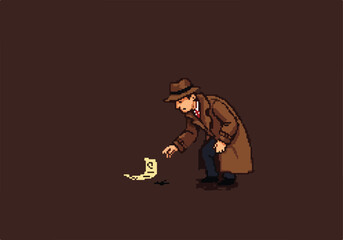 Pixel man picking up document on ground in plain background for retro game