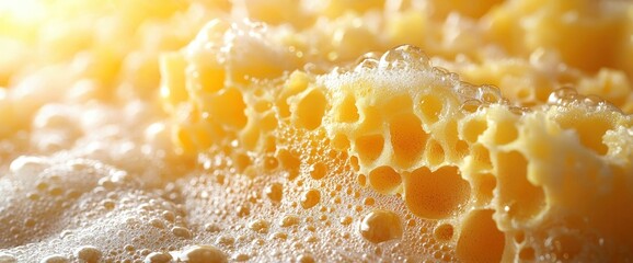Close-up of frothy, light orange bubbles and foam